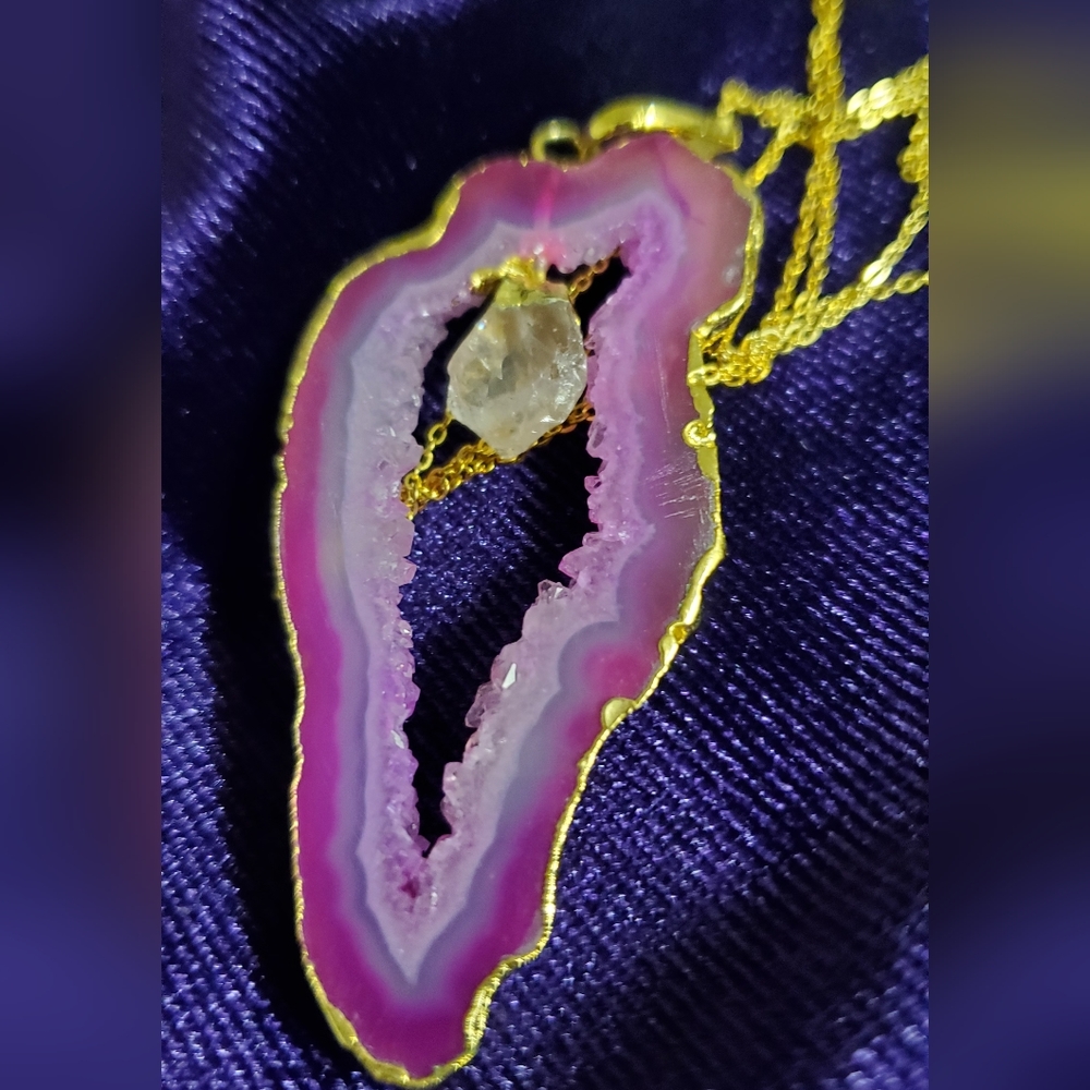24k Gold Electroplated Pink Geode Necklace